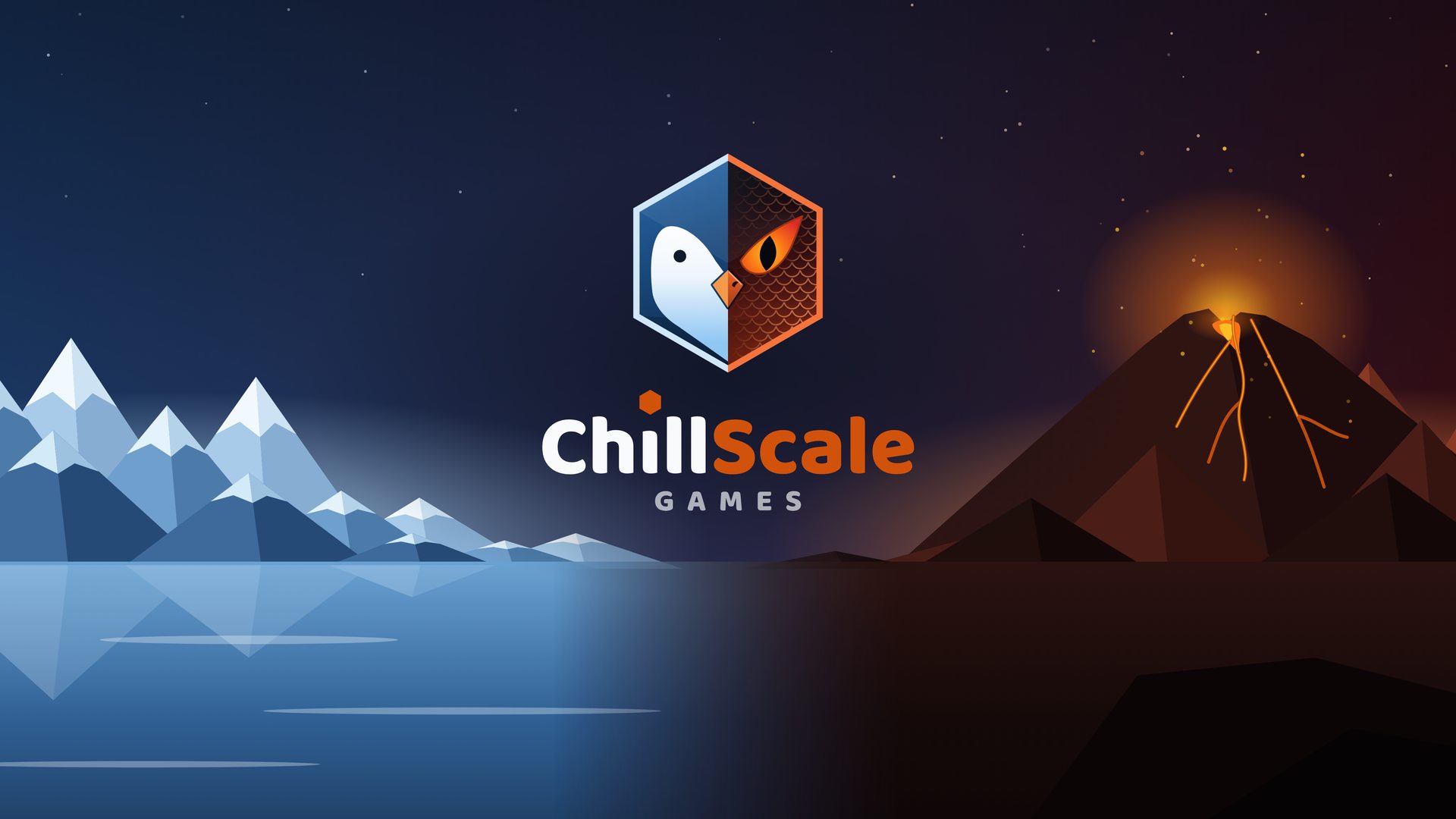 ChillScale Games: az egyik oldalon gleccser, a másikon vulkán, középen a stúdió jele.